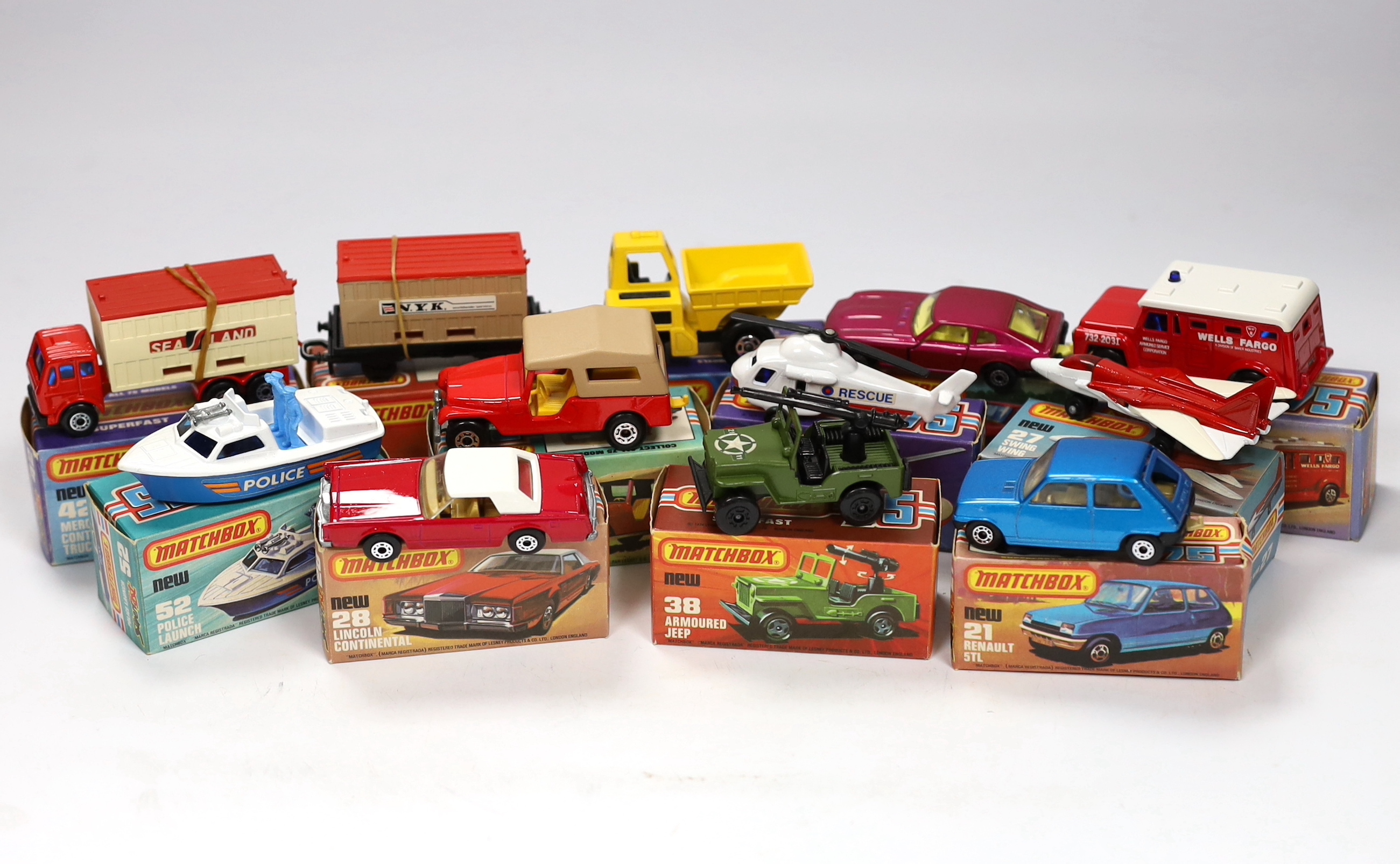 Twelve boxed Matchbox Superfast 1-75 New series diecast vehicles